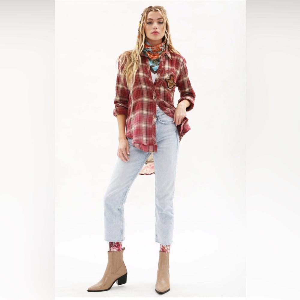 Aratta Silent Journey Heart Breaker Gauzy Plaid & Roses Burnout Shirt Size Med - Picture 2 of 11